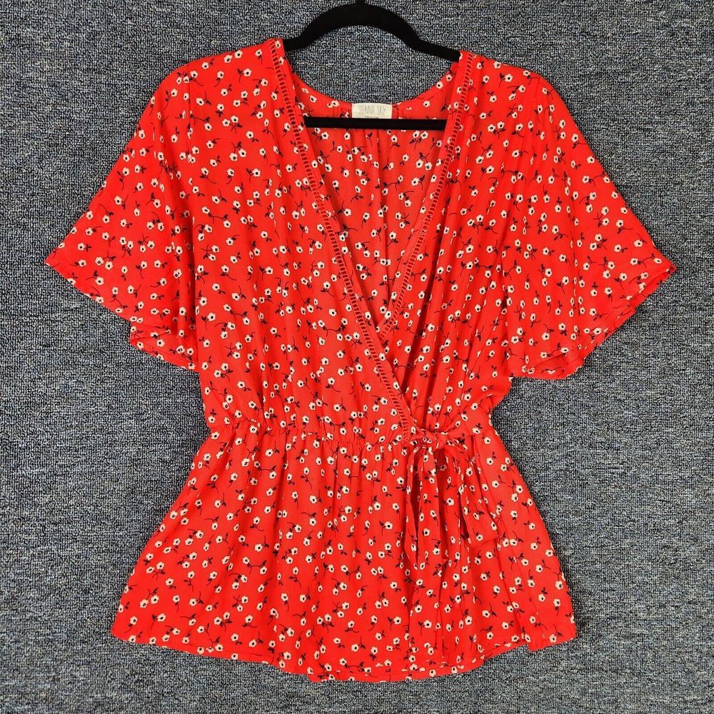 Sienna Sky Bright Red Floral Wrap Top